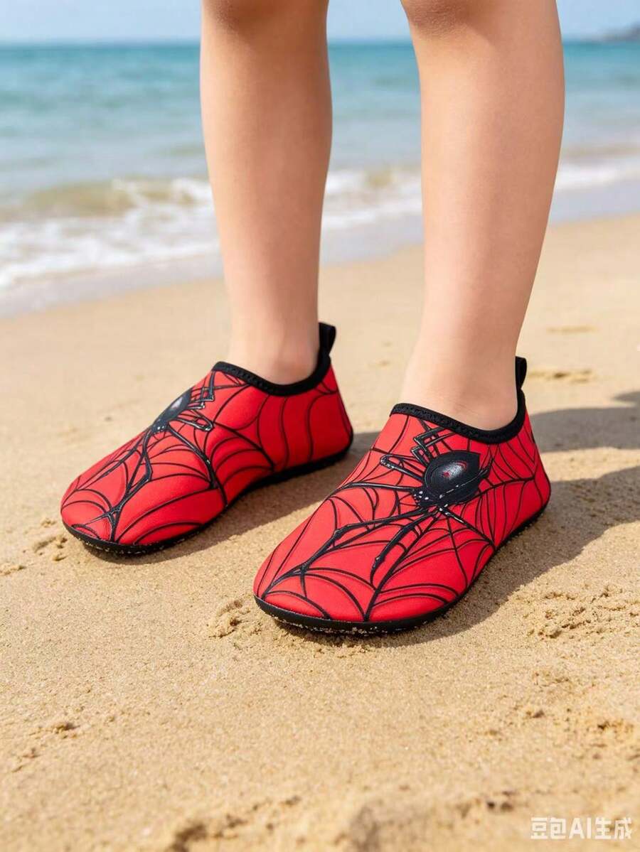 Red spider print kids water shoes with breathable Lycra upper and non-slip rubber outsole for boys and girls.