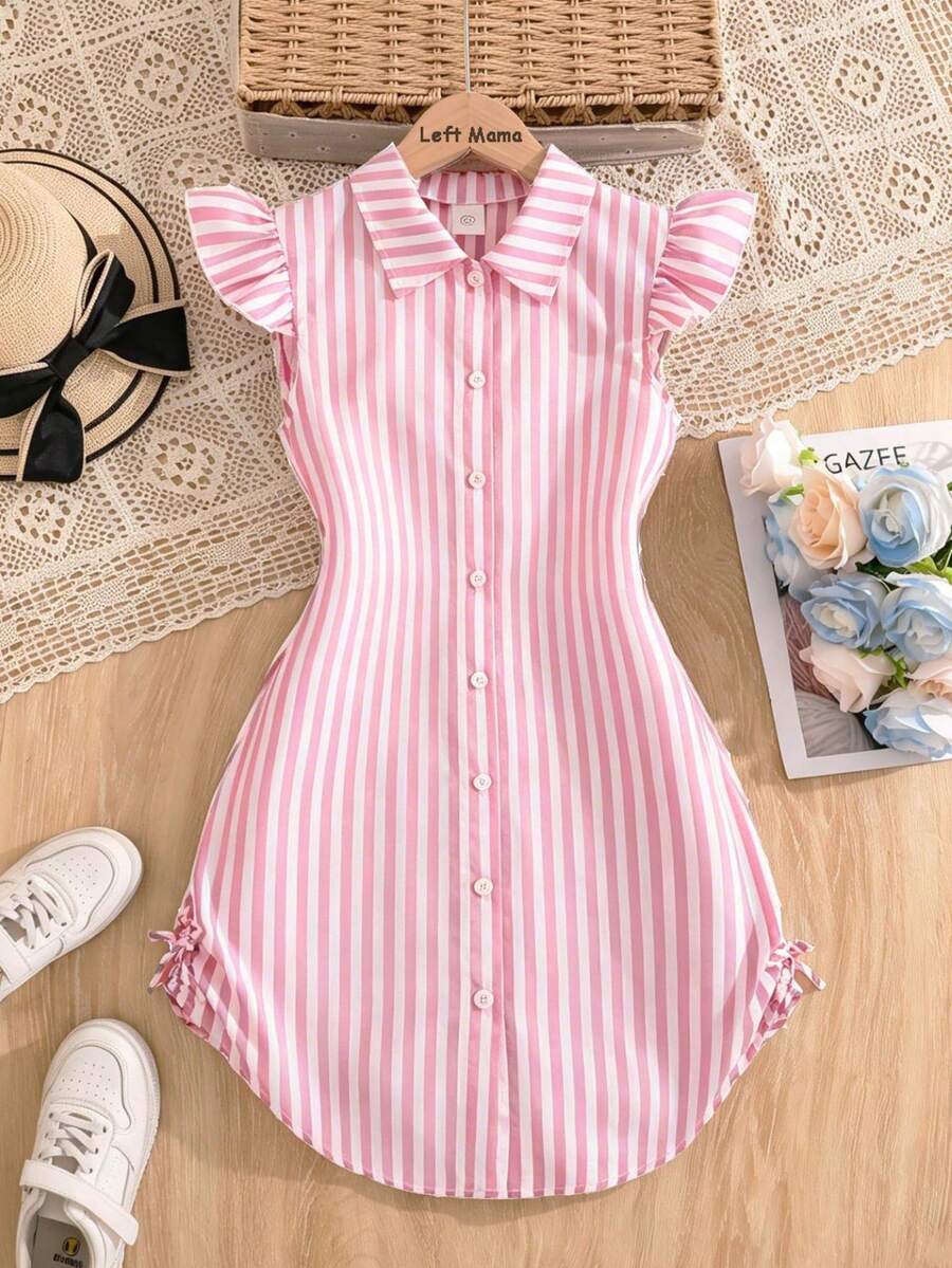 Tween girls blue and white striped casual shirt dress featuring a collared neckline, button front, and flounce sleeves by Left Mama.