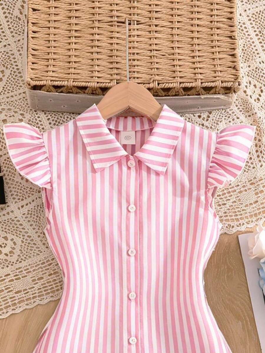 Tween girls blue and white striped casual shirt dress featuring a collared neckline, button front, and flounce sleeves by Left Mama.