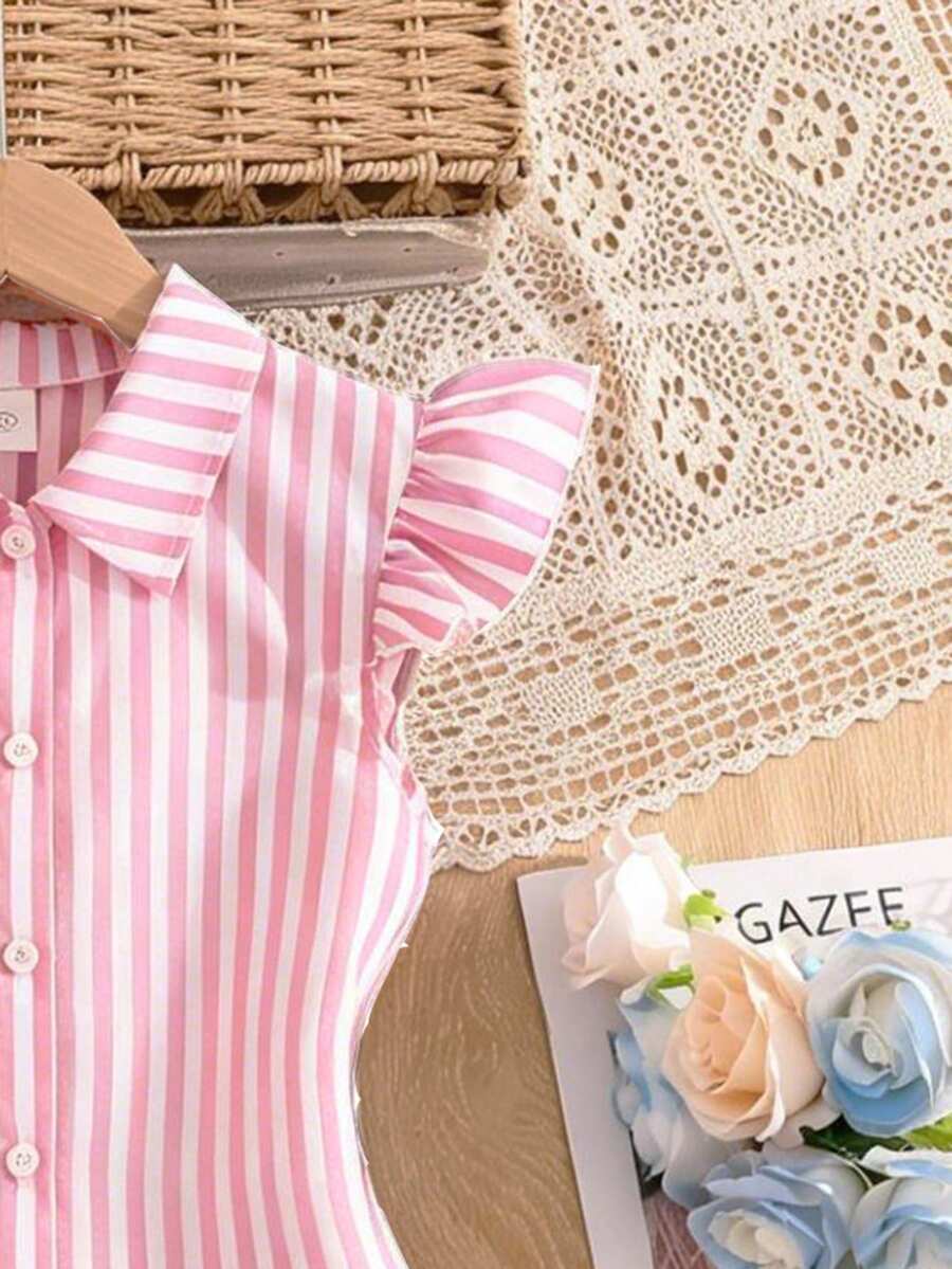Tween girls blue and white striped casual shirt dress featuring a collared neckline, button front, and flounce sleeves by Left Mama.