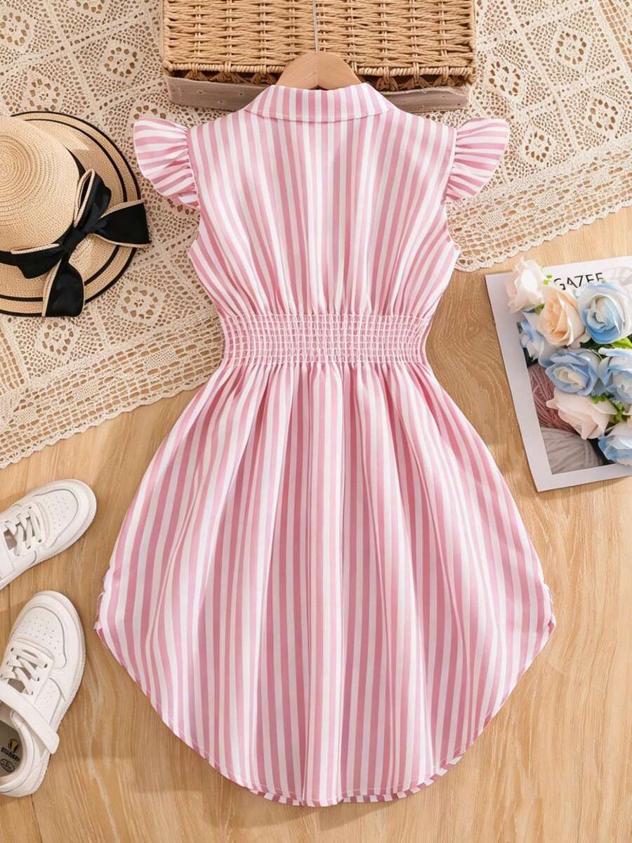 Tween girls blue and white striped casual shirt dress featuring a collared neckline, button front, and flounce sleeves by Left Mama.
