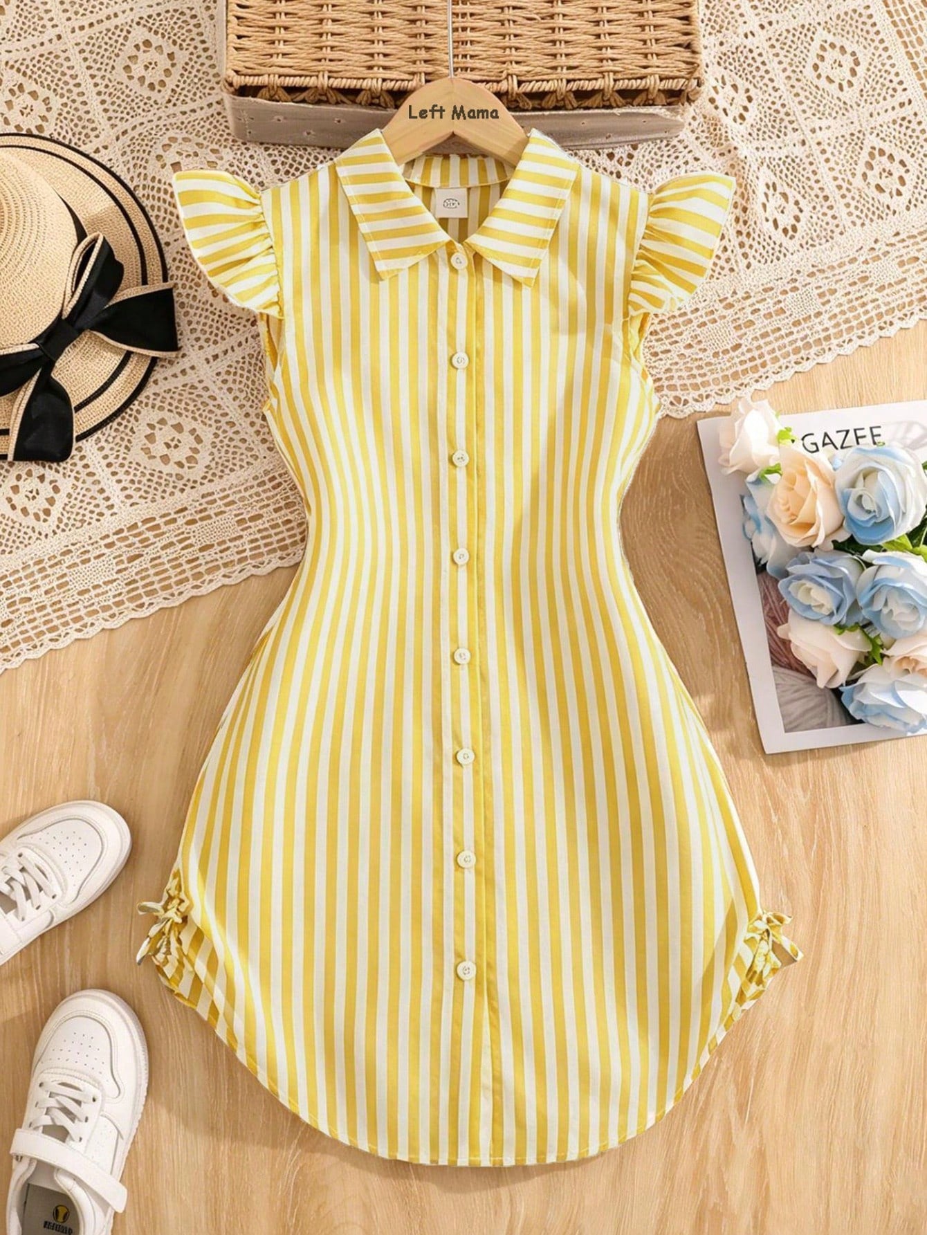 Tween girls blue and white striped casual shirt dress featuring a collared neckline, button front, and flounce sleeves by Left Mama.