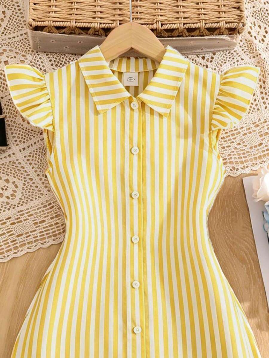 Tween girls blue and white striped casual shirt dress featuring a collared neckline, button front, and flounce sleeves by Left Mama.