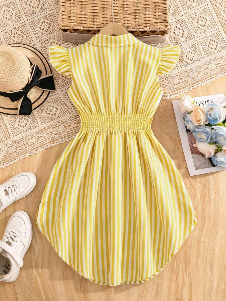 Tween girls blue and white striped casual shirt dress featuring a collared neckline, button front, and flounce sleeves by Left Mama.