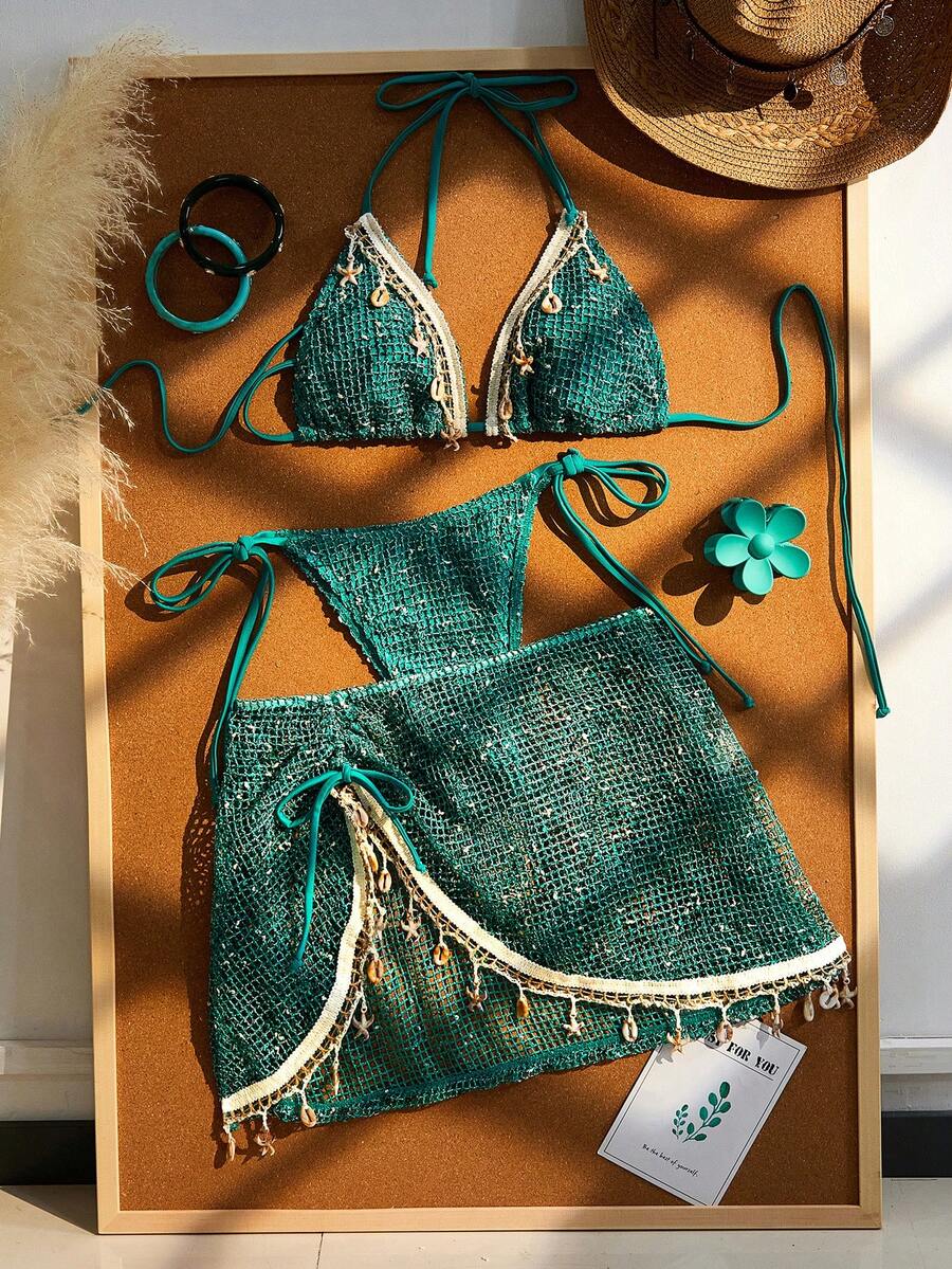 Women's boho halter bikini set featuring a backless lace-up top with wireless 3/4 cups and matching mid-waist bikini bottoms.