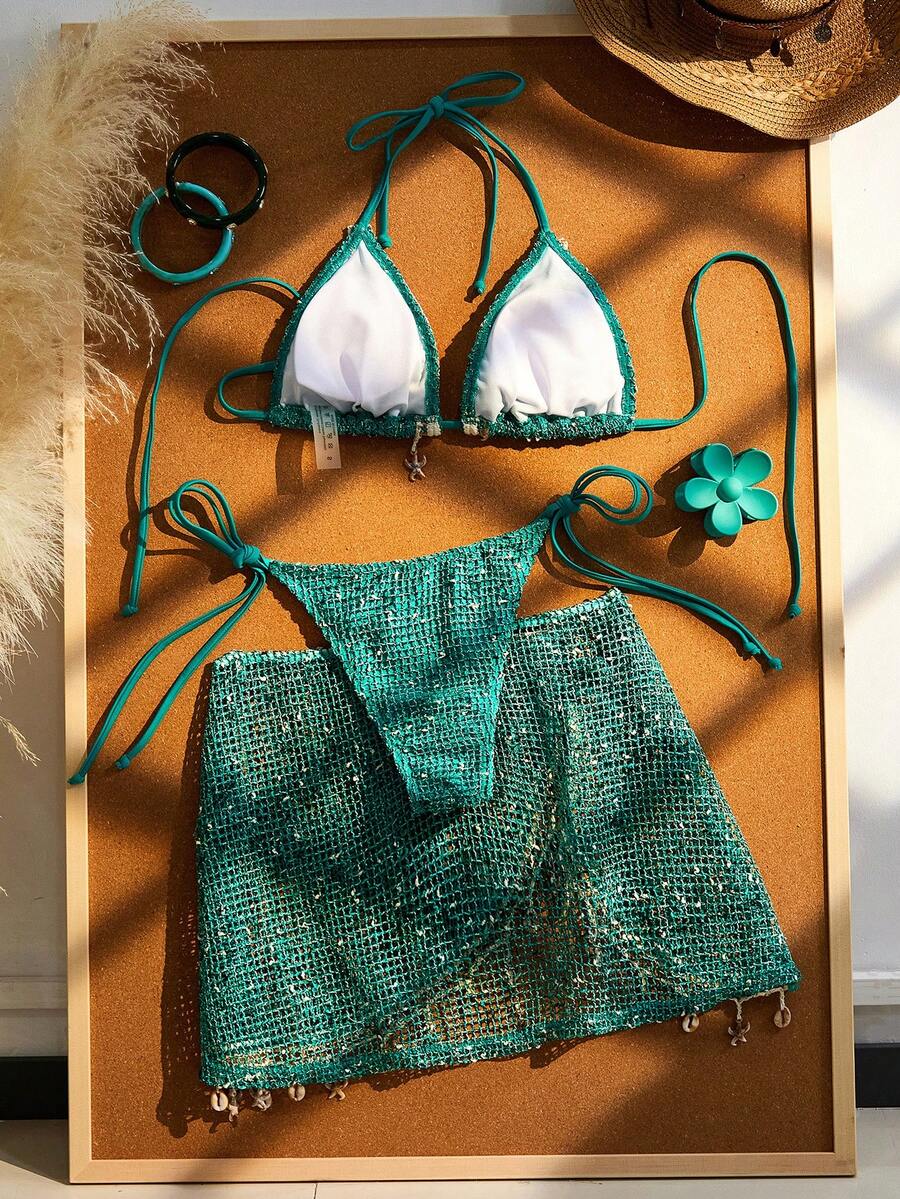 Women's boho halter bikini set featuring a backless lace-up top with wireless 3/4 cups and matching mid-waist bikini bottoms.