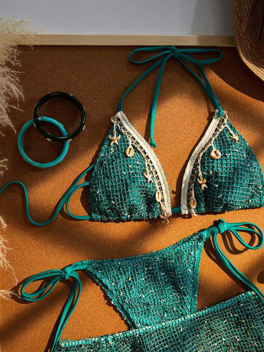 Women's boho halter bikini set featuring a backless lace-up top with wireless 3/4 cups and matching mid-waist bikini bottoms.