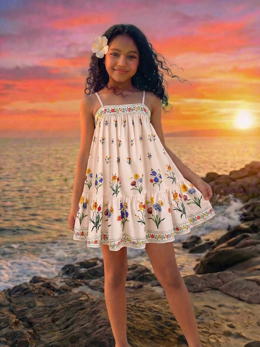 Green ditsy floral print cami dress for tween girls featuring sleeveless spaghetti straps, a ruched high waist, and a short flared hem.