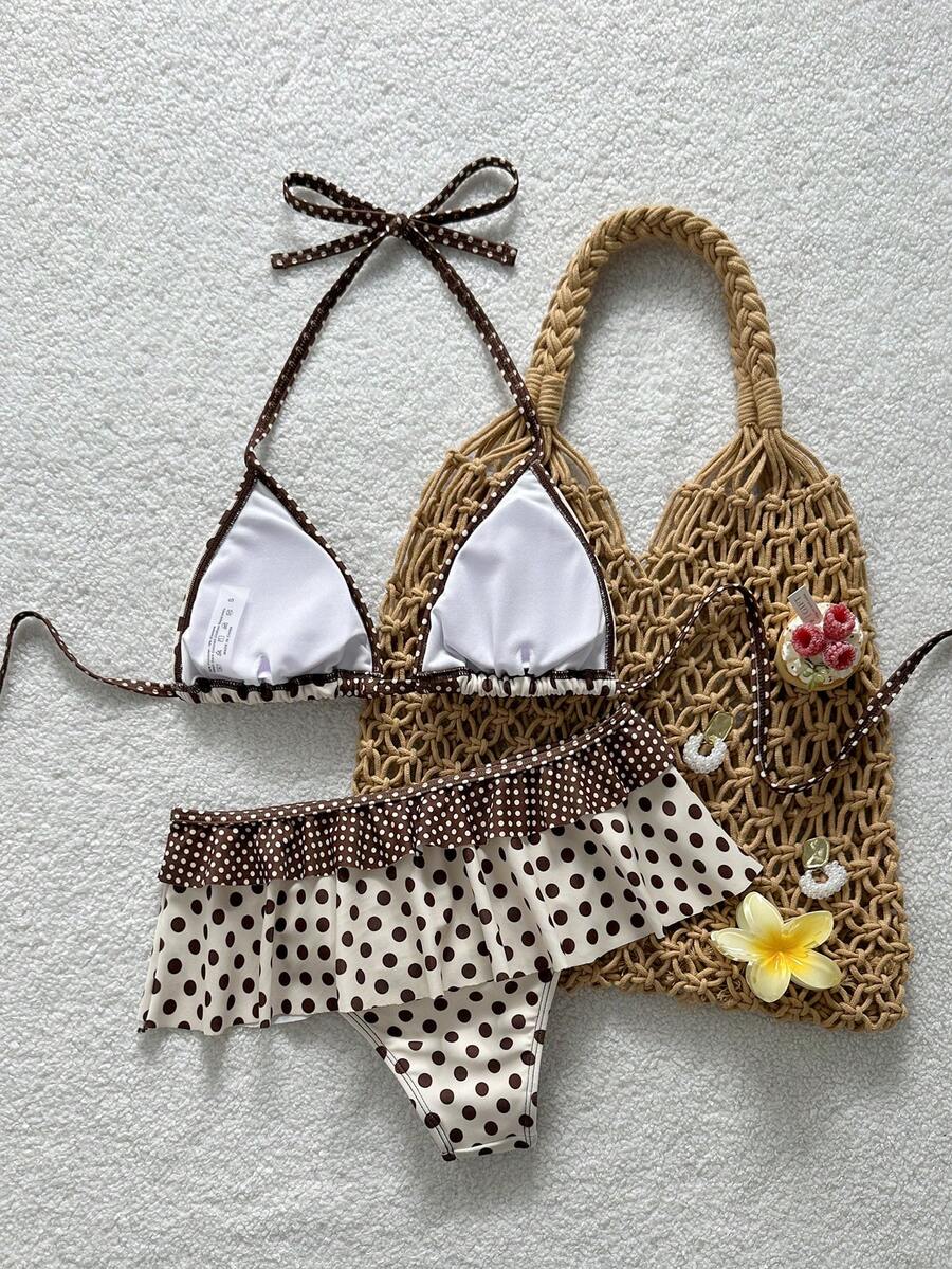 Women's ruffled halter two-piece bikini set with low waist bottoms and wireless triangle cups.