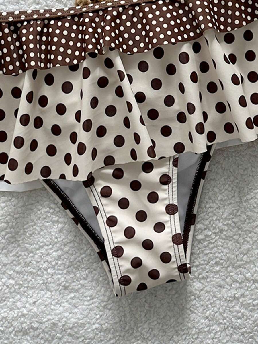Women's ruffled halter two-piece bikini set with low waist bottoms and wireless triangle cups.
