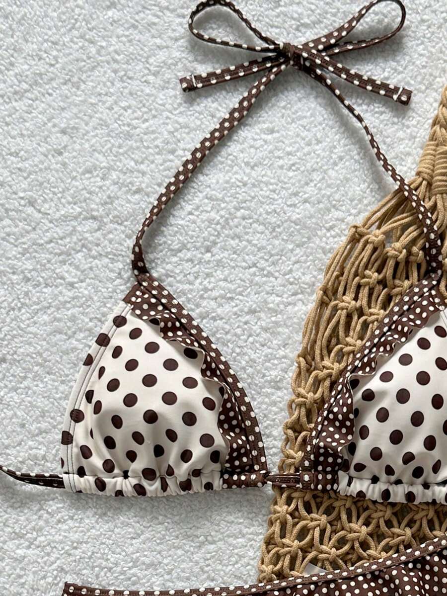 Women's ruffled halter two-piece bikini set with low waist bottoms and wireless triangle cups.