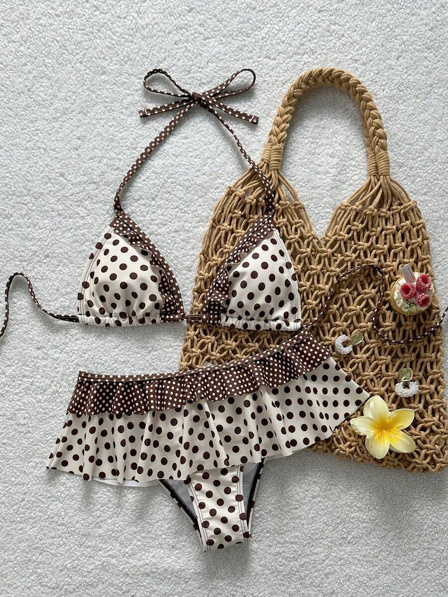 Women's ruffled halter two-piece bikini set with low waist bottoms and wireless triangle cups.