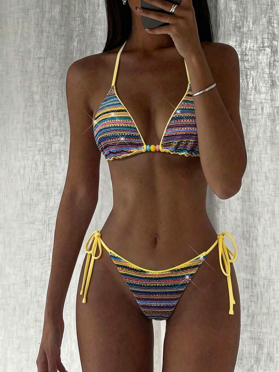 Women's sequin textured halter triangle bikini top and high-waist side tie bikini bottom swimsuit set