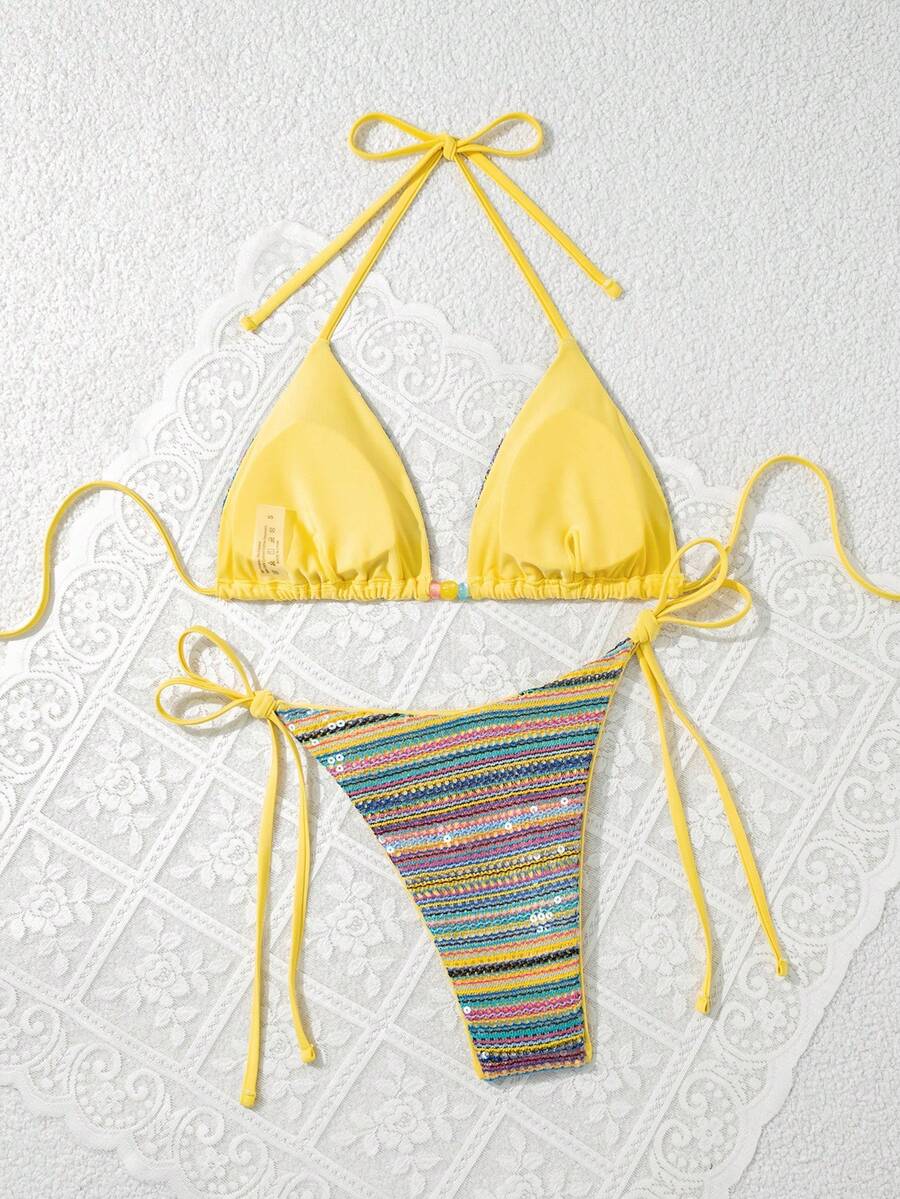 Women's sequin textured halter triangle bikini top and high-waist side tie bikini bottom swimsuit set