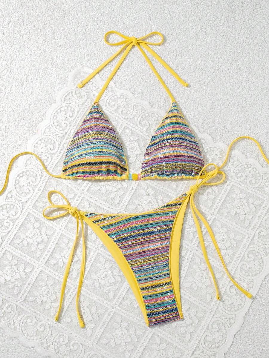 Women's sequin textured halter triangle bikini top and high-waist side tie bikini bottom swimsuit set