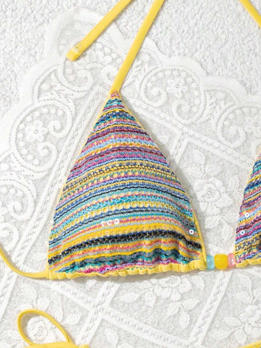 Women's sequin textured halter triangle bikini top and high-waist side tie bikini bottom swimsuit set