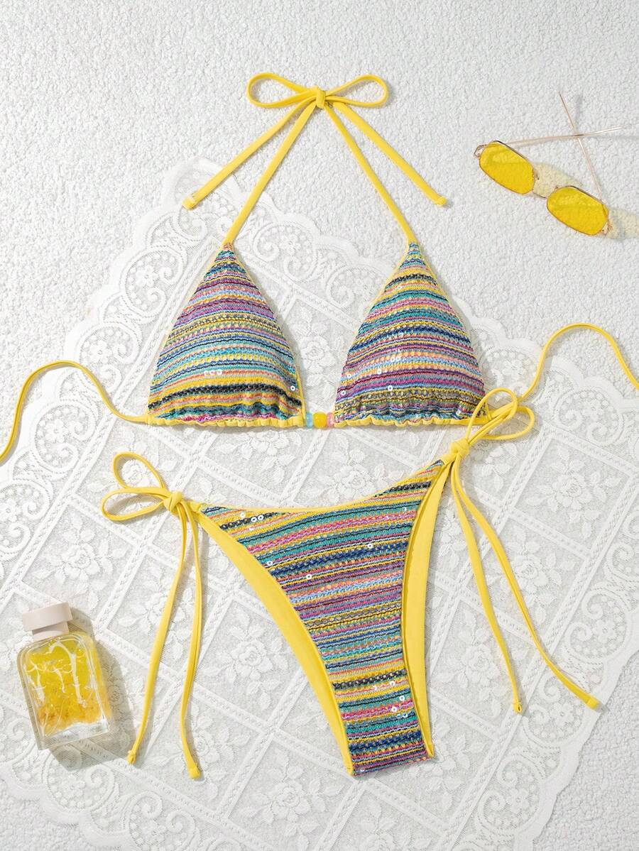 Women's sequin textured halter triangle bikini top and high-waist side tie bikini bottom swimsuit set