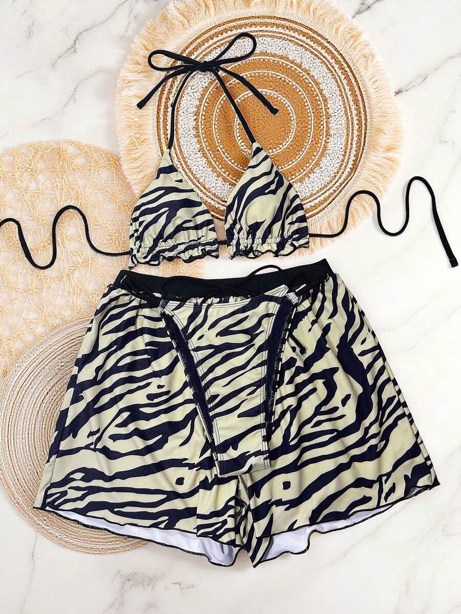 Women's 3-piece frill trim bikini set with halter tie-back top and high waist bottoms.