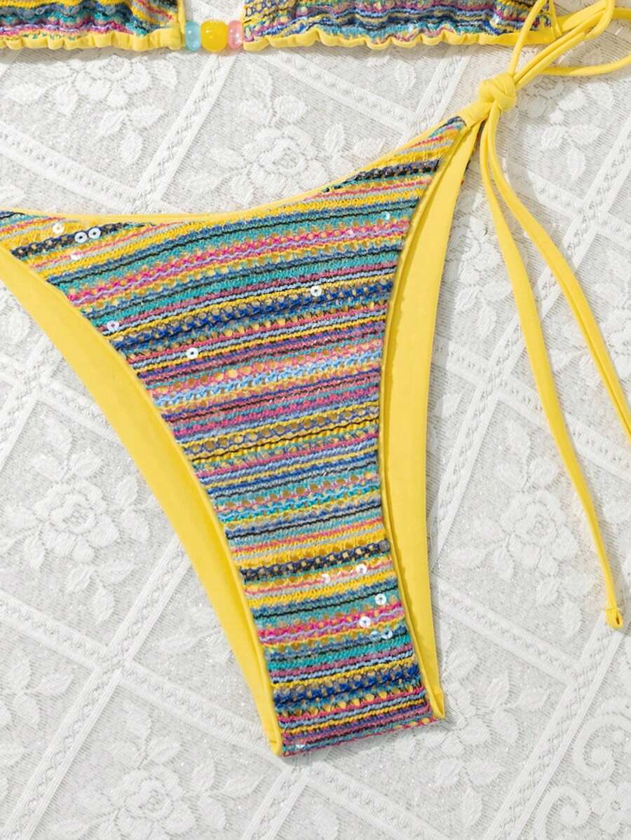 Women's sequin textured halter triangle bikini top and high-waist side tie bikini bottom swimsuit set