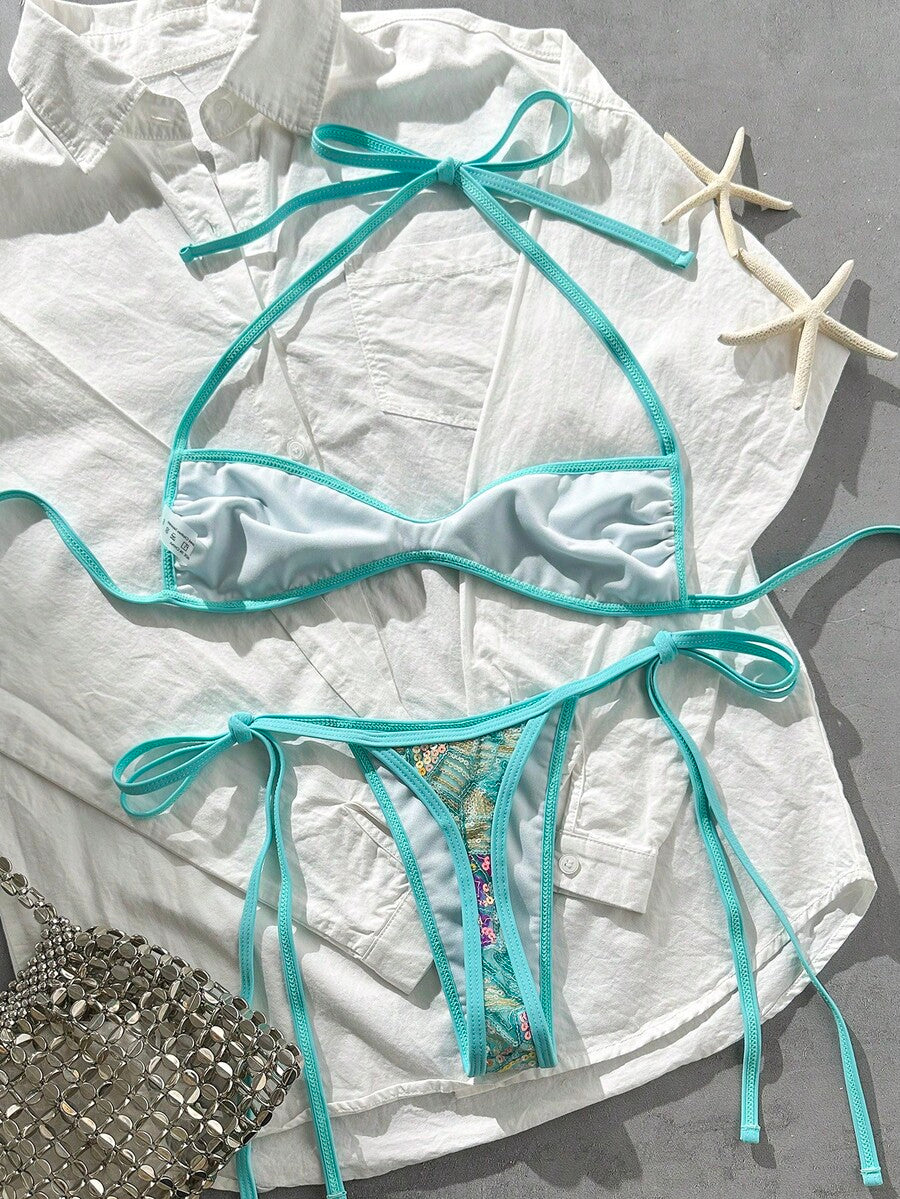 Apricot 2-piece sequin textured halter bikini set featuring a wireless top with lace-up backless ties and matching low-waist side-tie thong bottoms.