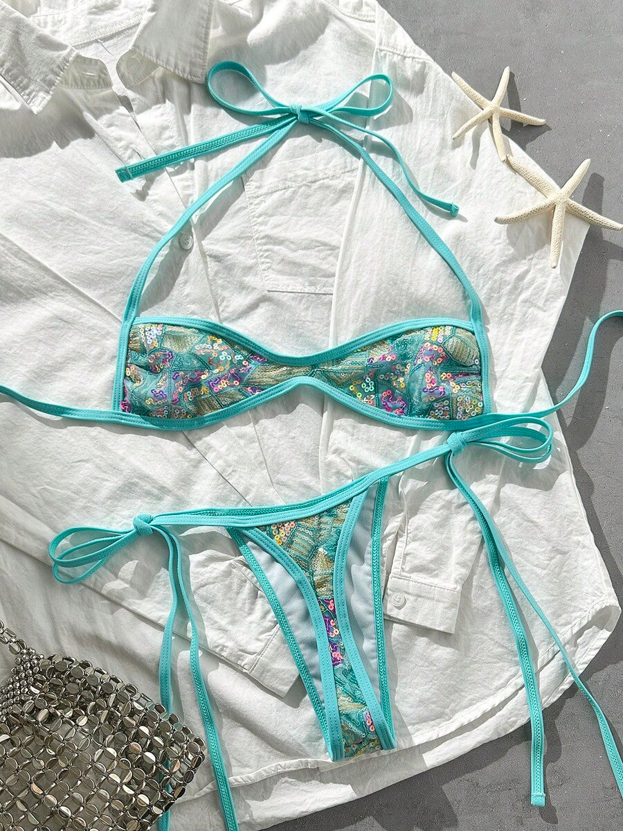 Apricot 2-piece sequin textured halter bikini set featuring a wireless top with lace-up backless ties and matching low-waist side-tie thong bottoms.