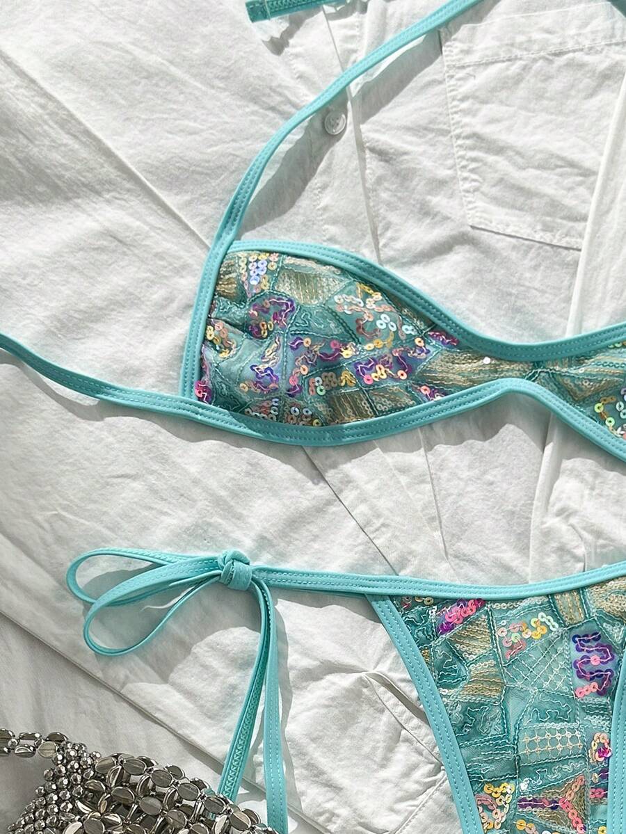 Apricot 2-piece sequin textured halter bikini set featuring a wireless top with lace-up backless ties and matching low-waist side-tie thong bottoms.