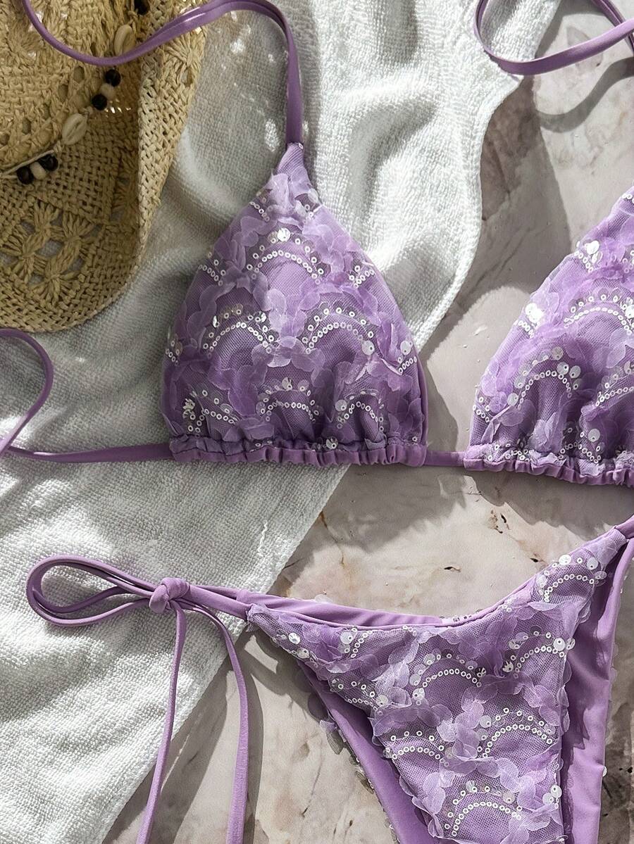 Women's sequin textured halter triangle bikini top and high-waist side tie bikini bottom swimsuit set