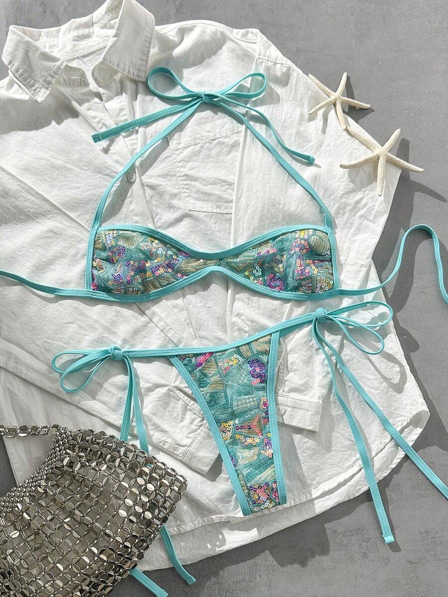 Apricot 2-piece sequin textured halter bikini set featuring a wireless top with lace-up backless ties and matching low-waist side-tie thong bottoms.