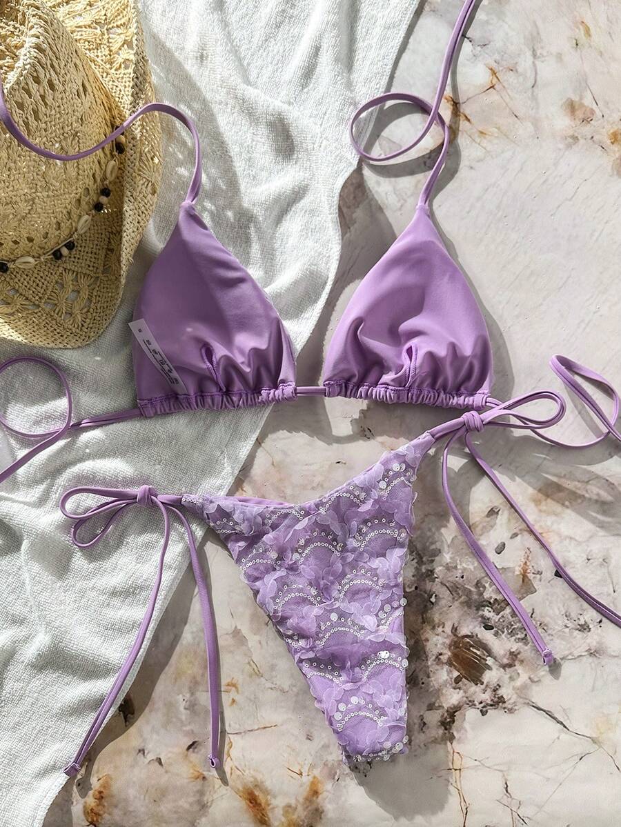 Women's sequin textured halter triangle bikini top and high-waist side tie bikini bottom swimsuit set