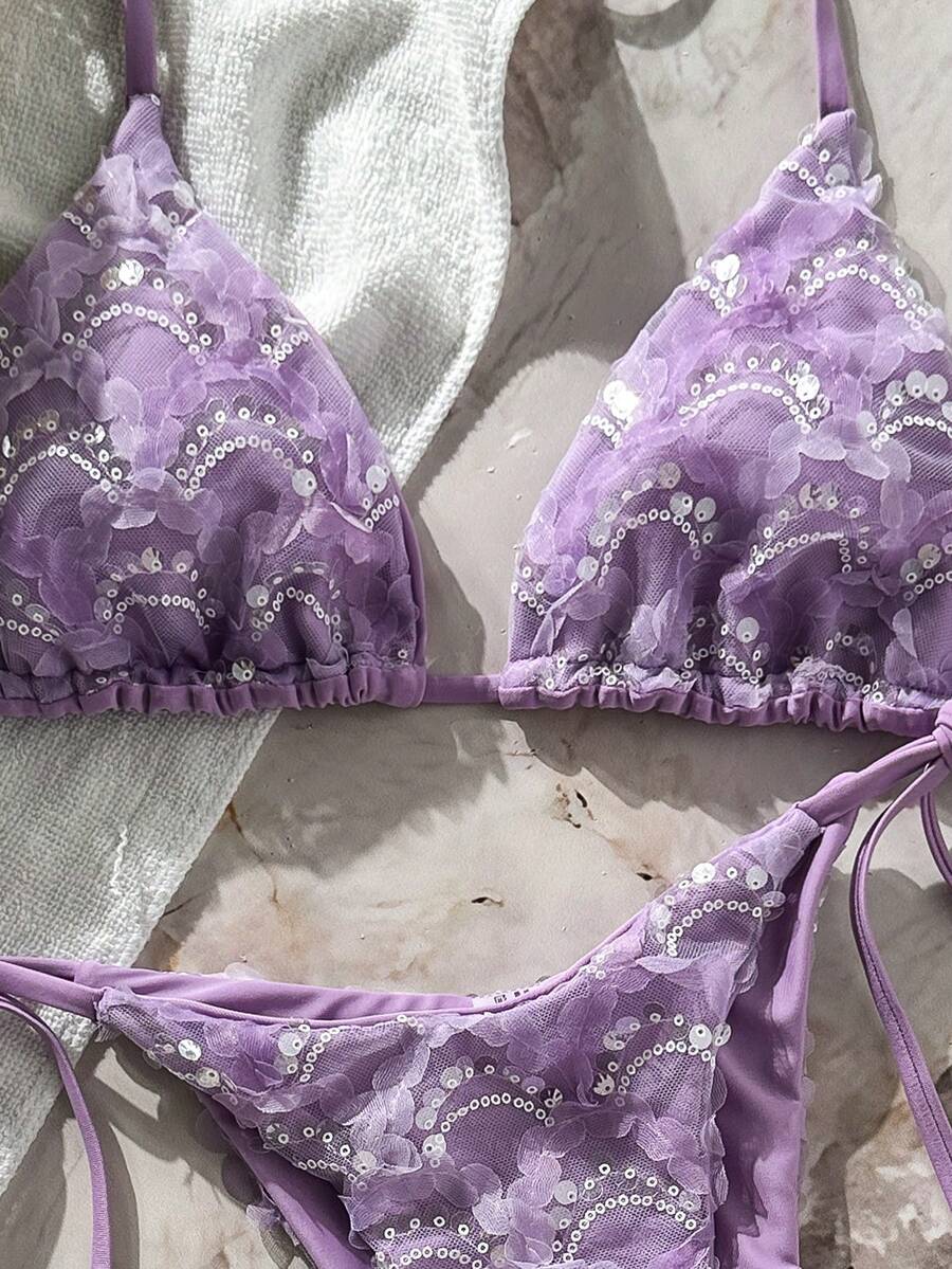 Women's sequin textured halter triangle bikini top and high-waist side tie bikini bottom swimsuit set