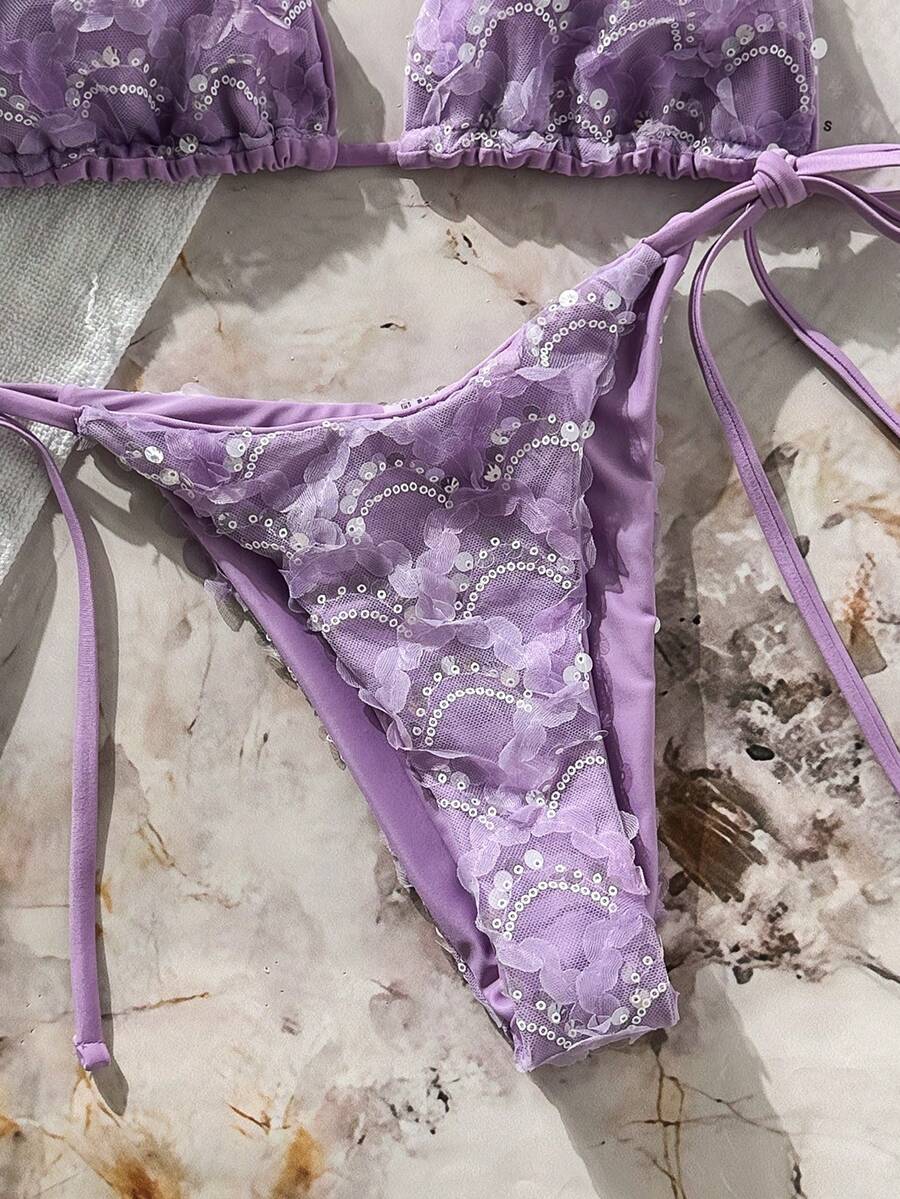 Women's sequin textured halter triangle bikini top and high-waist side tie bikini bottom swimsuit set