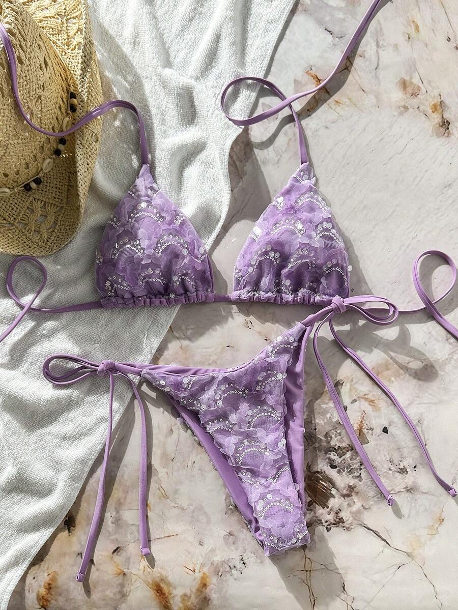 Women's sequin textured halter triangle bikini top and high-waist side tie bikini bottom swimsuit set