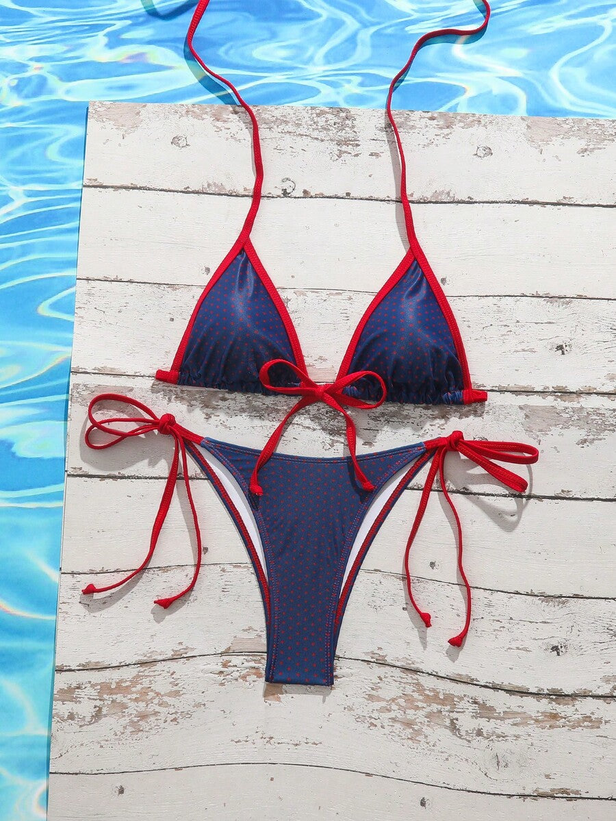 Women's tropical print two-piece halter bikini set featuring wireless triangle cups with tie-back detail and high-waist bikini bottoms.