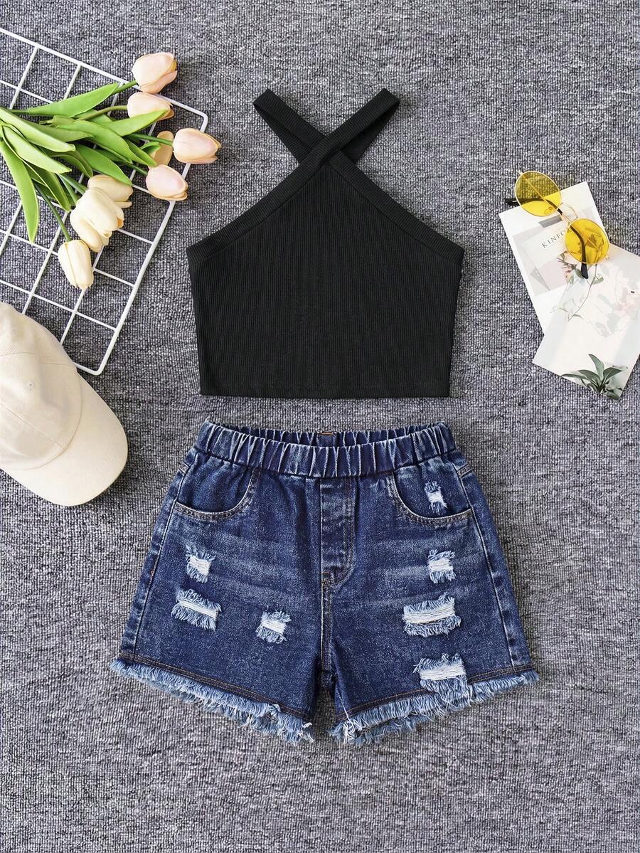 Tween girl 2-piece casual outfit set featuring a solid beige knit halter sleeveless top with belted detail and matching shorts.