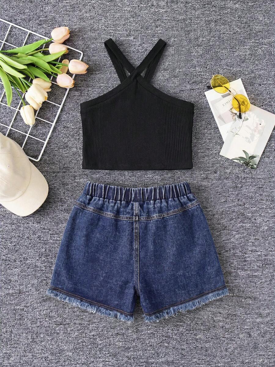 Tween girl 2-piece casual outfit set featuring a solid beige knit halter sleeveless top with belted detail and matching shorts.