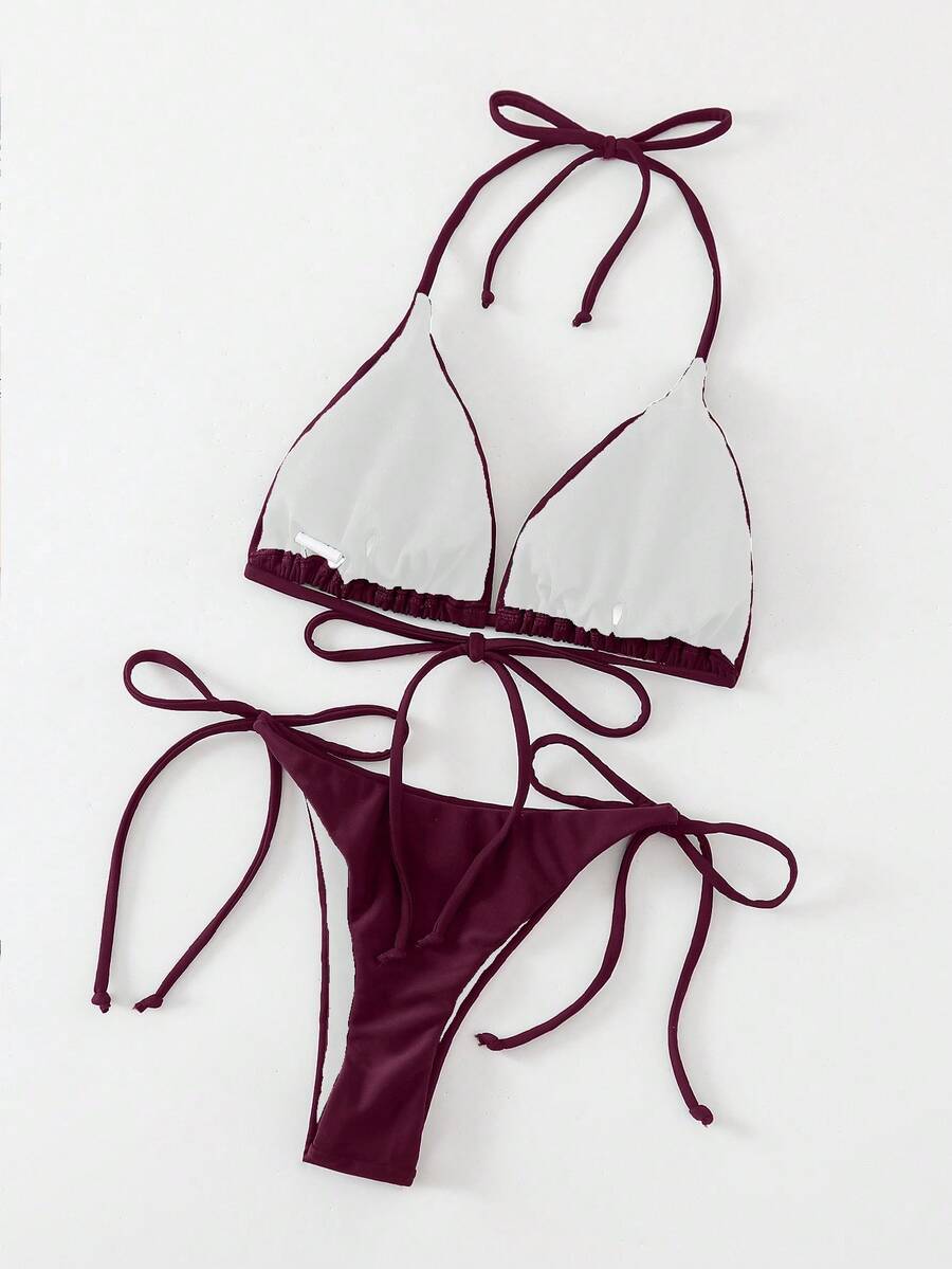 Apricot plain halter triangle bikini swimwear set with tie back top and low waist tie side thong bottom for women