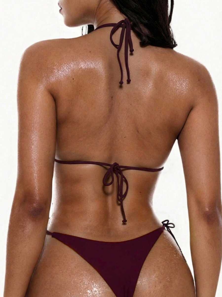 Apricot plain halter triangle bikini swimwear set with tie back top and low waist tie side thong bottom for women