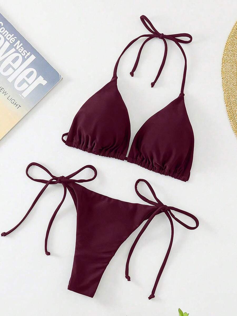 Apricot plain halter triangle bikini swimwear set with tie back top and low waist tie side thong bottom for women
