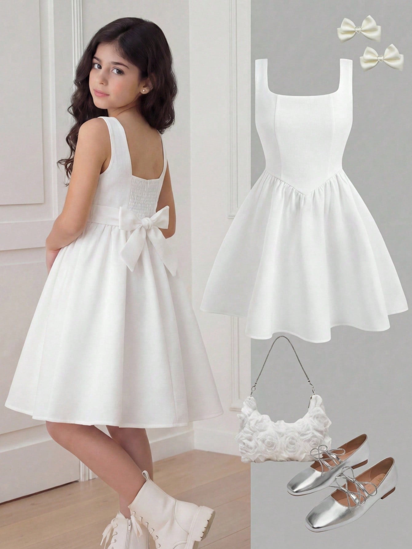 Black and white polka dot sleeveless A-line dress for tween girls featuring a scoop neck, high waist, and flared hem.