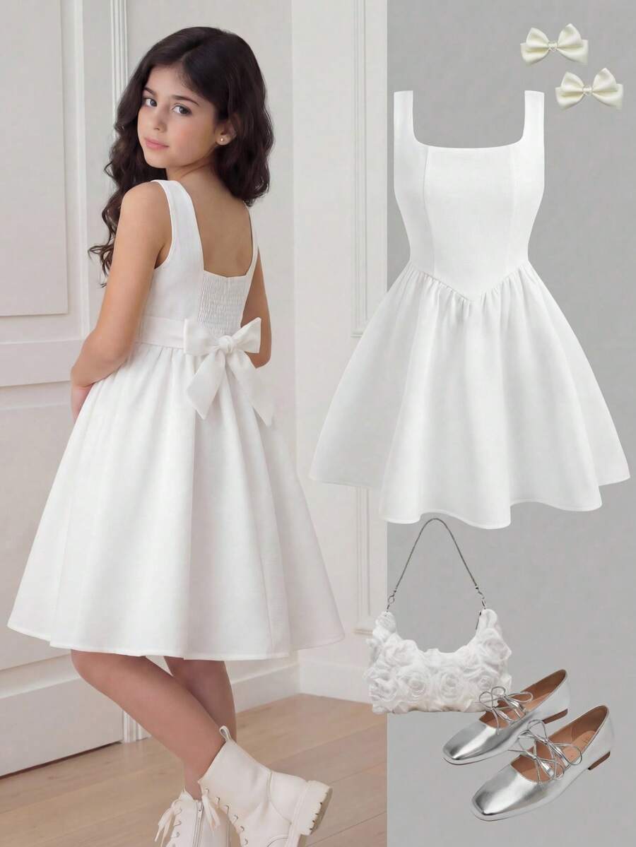Black and white polka dot sleeveless A-line dress for tween girls featuring a scoop neck, high waist, and flared hem.