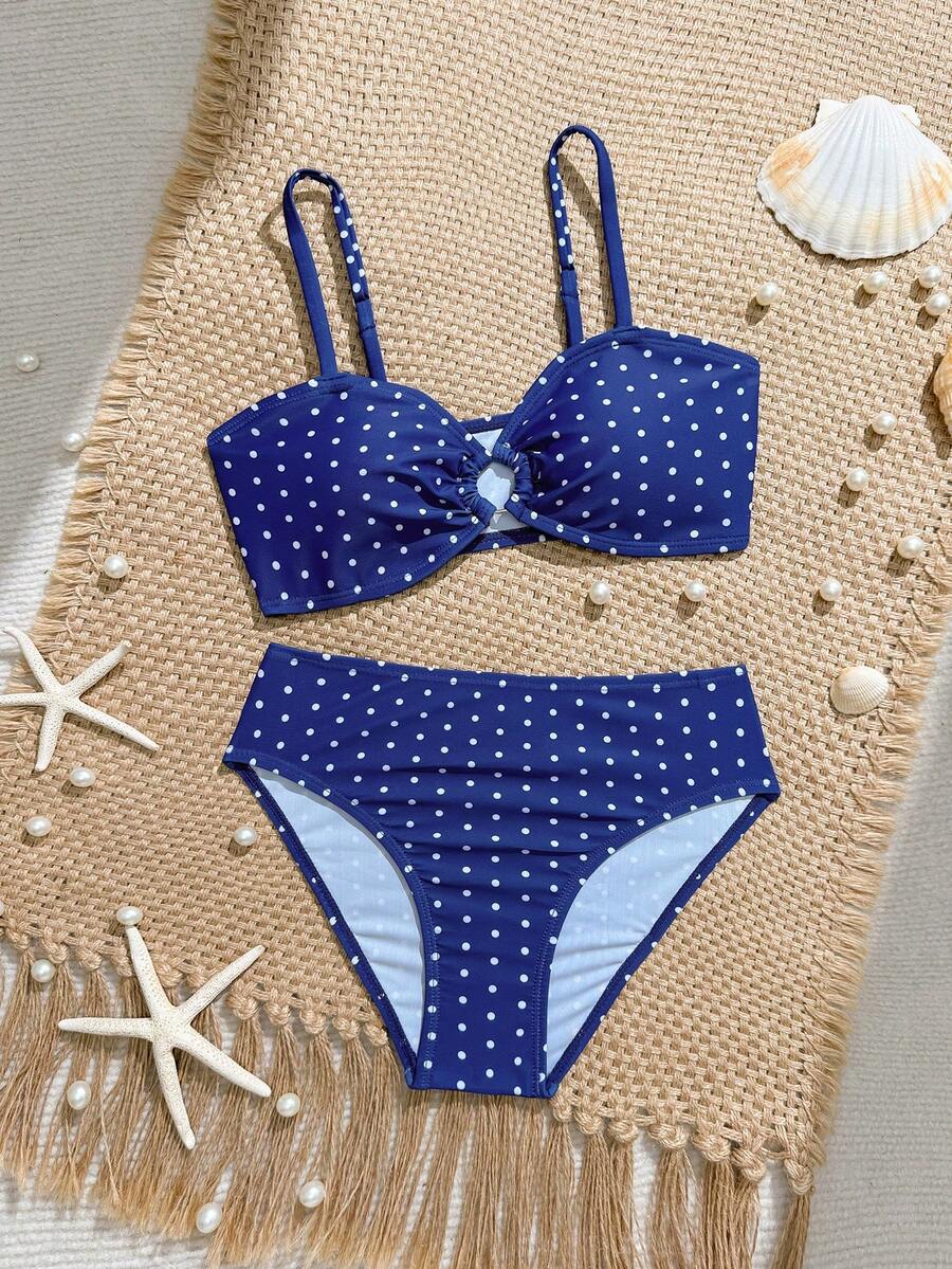 Tween girls pink and white striped two-piece bikini set with spaghetti strap bandeau top, starfish decor, and high waist swim bottoms for beach and vacation wear