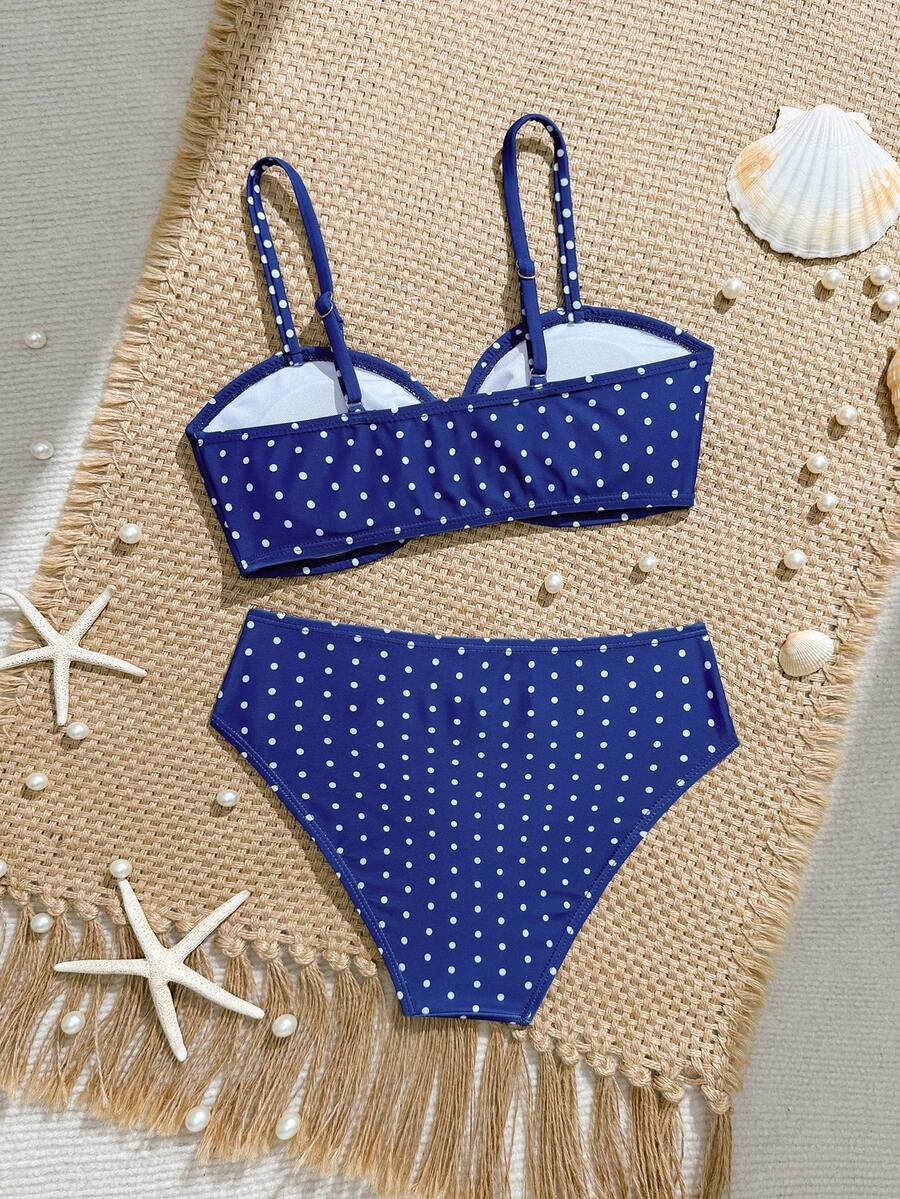 Tween girls pink and white striped two-piece bikini set with spaghetti strap bandeau top, starfish decor, and high waist swim bottoms for beach and vacation wear