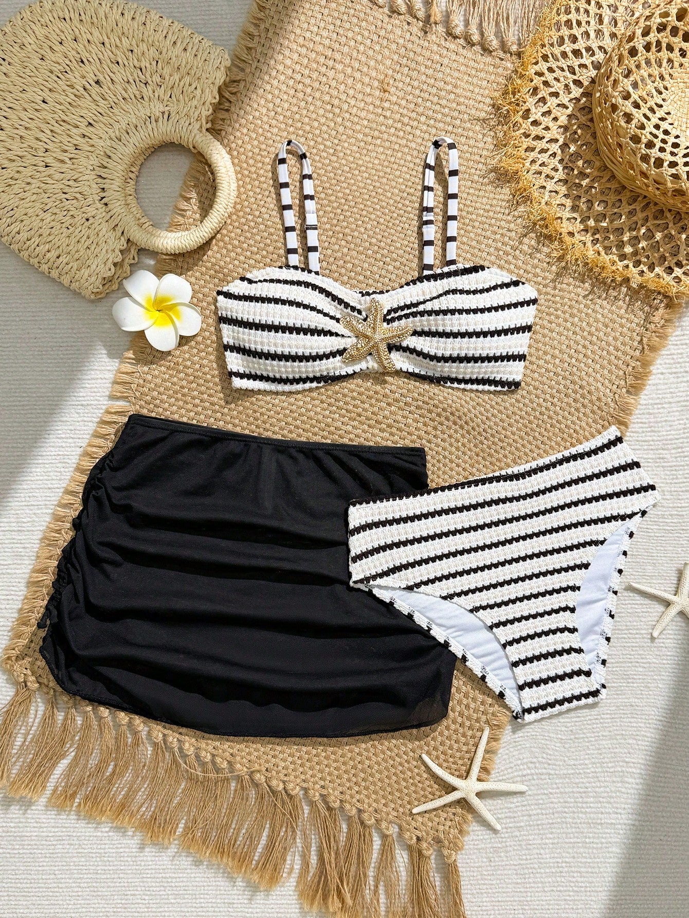 Pink Summer Cute Beach Holiday Tween Girl Elegant Bikini Set With Starfish Decor,Ruffle Beach Dress 3-Piece Children's Swimwear For Teenagers,Vacation