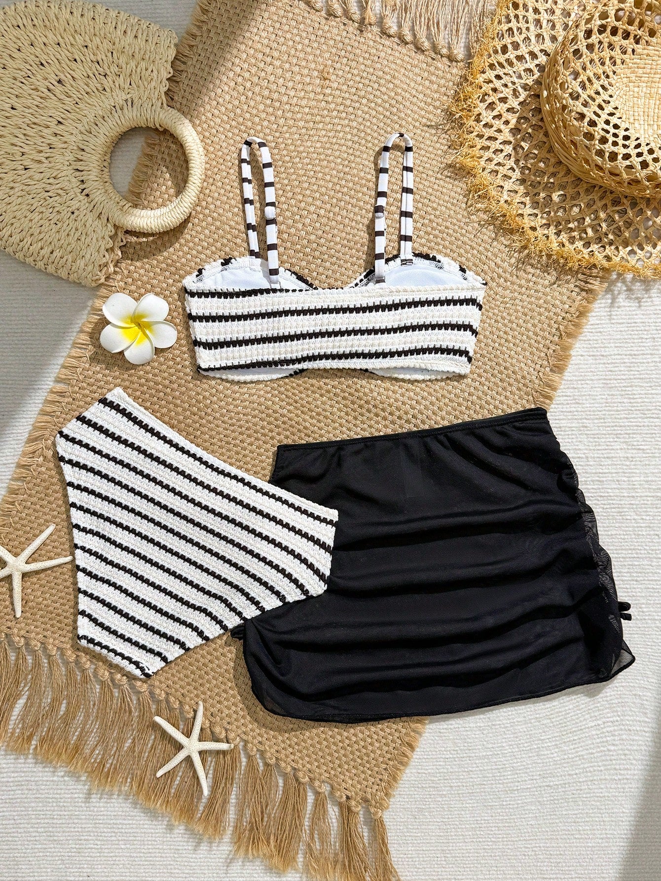 Pink Summer Cute Beach Holiday Tween Girl Elegant Bikini Set With Starfish Decor,Ruffle Beach Dress 3-Piece Children's Swimwear For Teenagers,Vacation