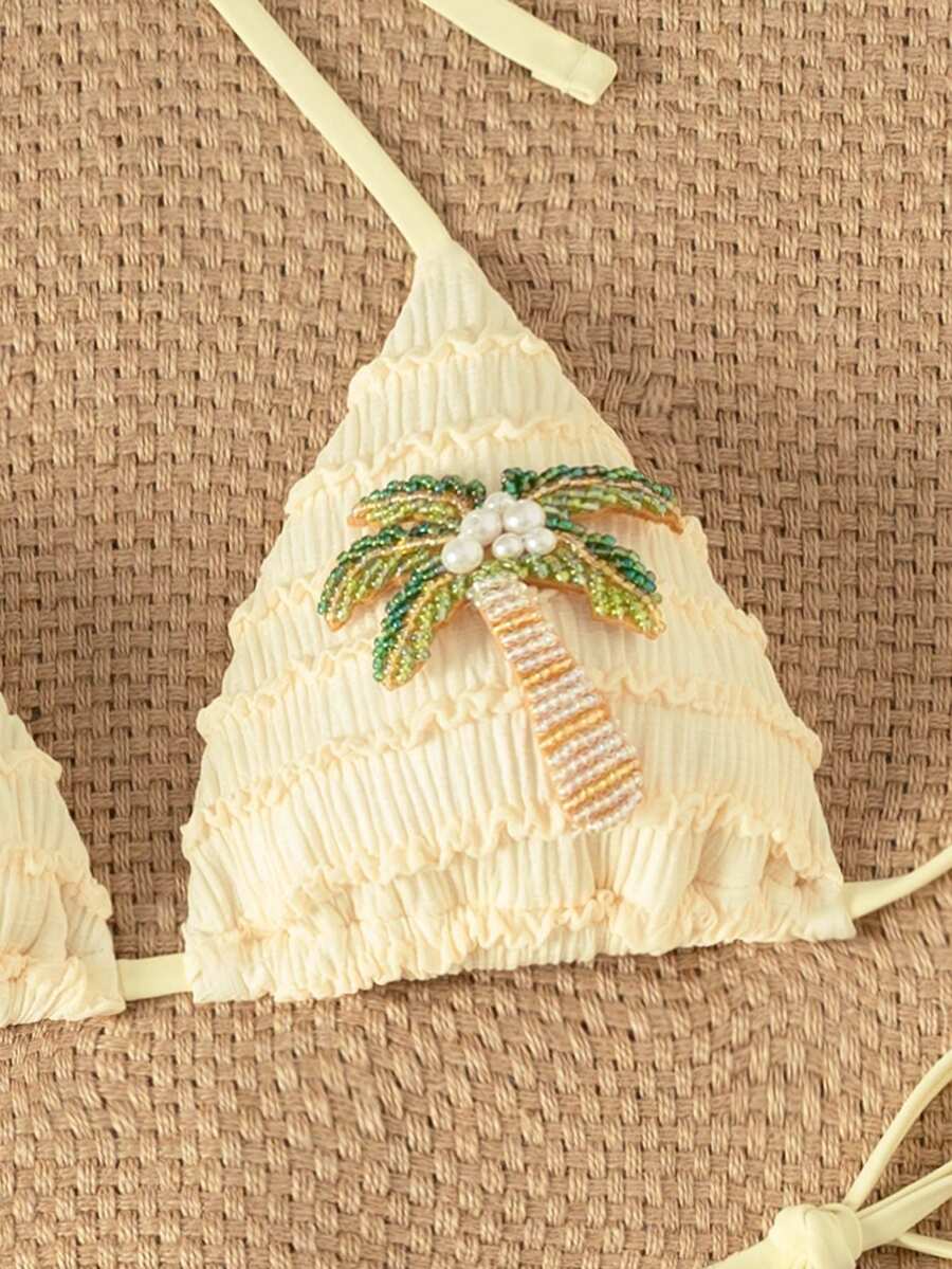 Women's triangle bikini set with contrast lace wireless bra top and ultra high waist tie side bottoms.