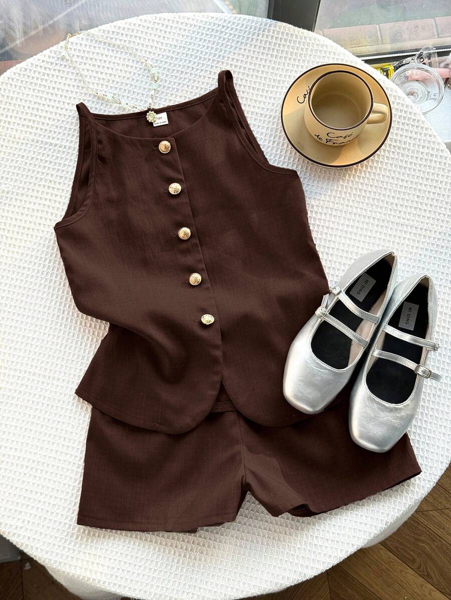 Tween girls apricot striped knit camisole top with button front paired with matching casual elastic waist shorts