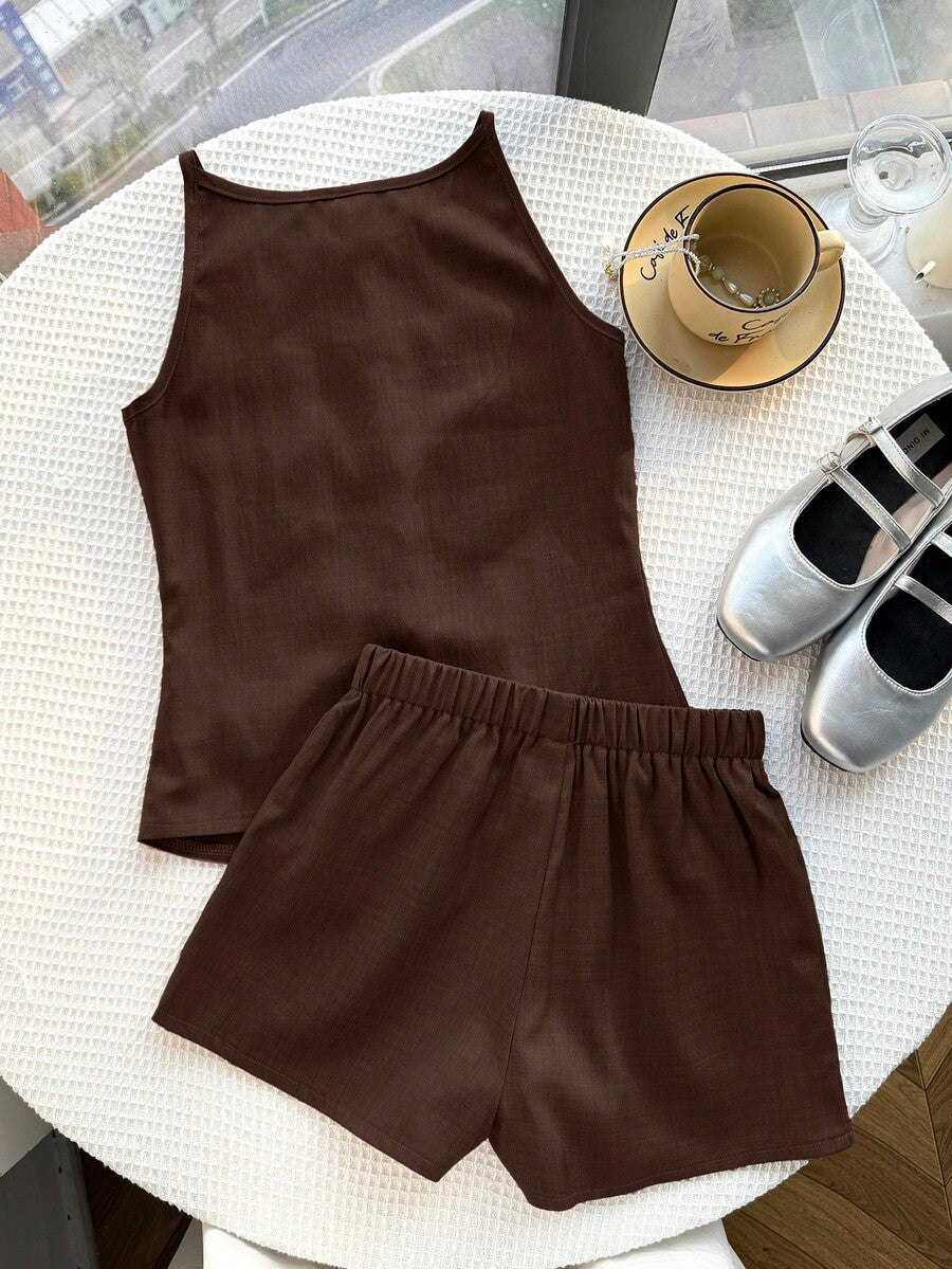 Tween girls apricot striped knit camisole top with button front paired with matching casual elastic waist shorts