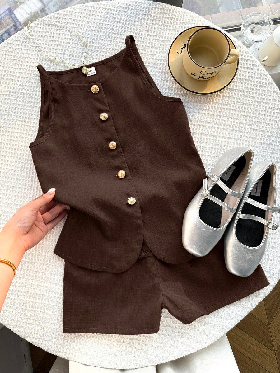Tween girls apricot striped knit camisole top with button front paired with matching casual elastic waist shorts