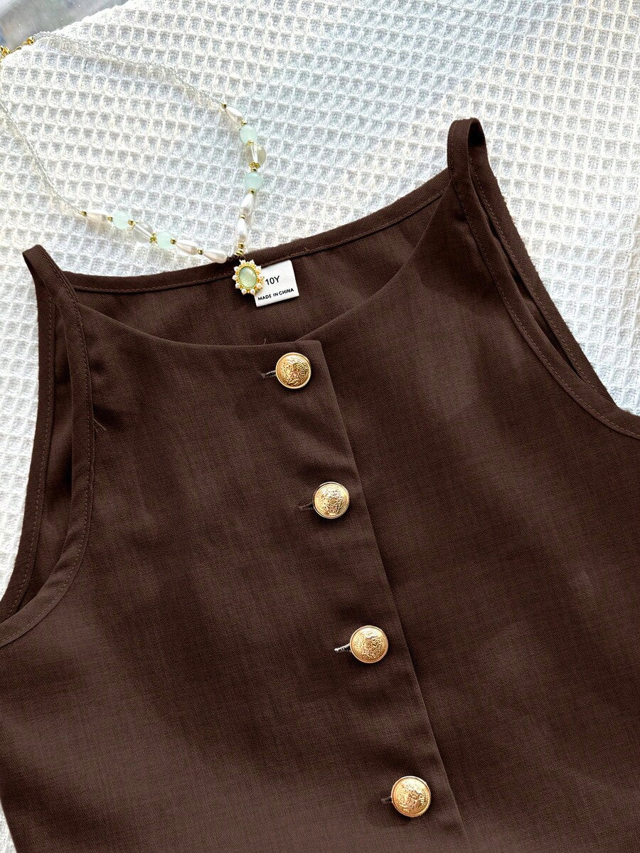 Tween girls apricot striped knit camisole top with button front paired with matching casual elastic waist shorts