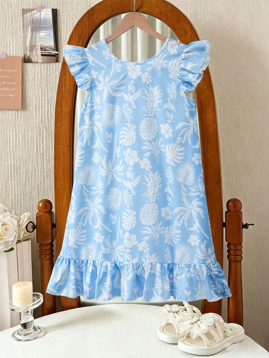 Tween girls apricot vacation midi dress featuring a round neck, cut out details, ruffle flounce accents, and geometric pattern.